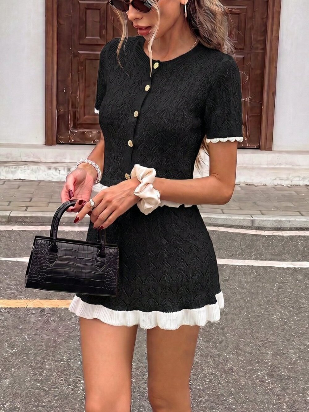White Casual Women's Knit Hollow Floral Ruffle Short Sleeve Top & Skirt Set